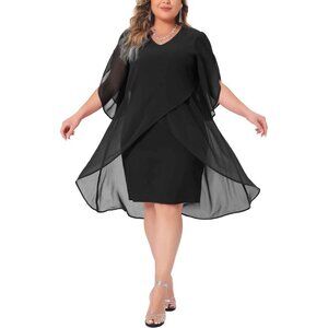 Plus Size Chiffon Cocktail Dress Mesh Short Sleeve V-Neck Zipper